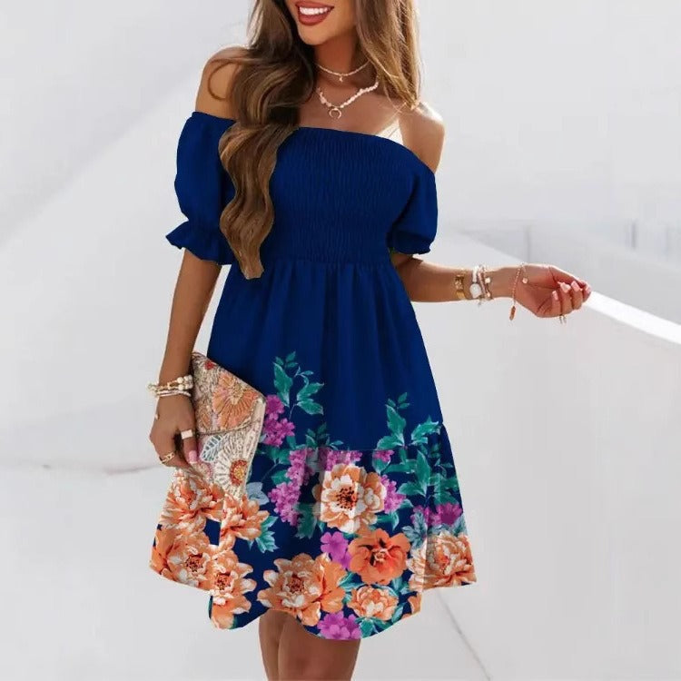 Women's midi dress – Off-the-shoulder neckline – Flared cut – Printed hem