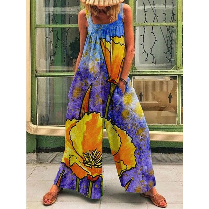 Women's jumpsuit – Loose fit – Floral print – Adjustable straps – Lightweight fabric