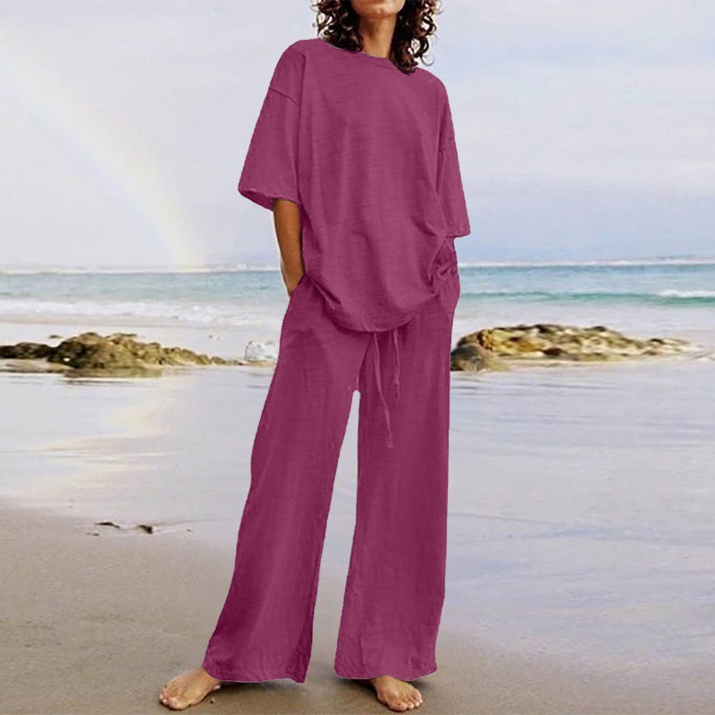 Ensemble Deux Pièces Femme – Haut Ample Col Rond – Pantalon Large avec Poches