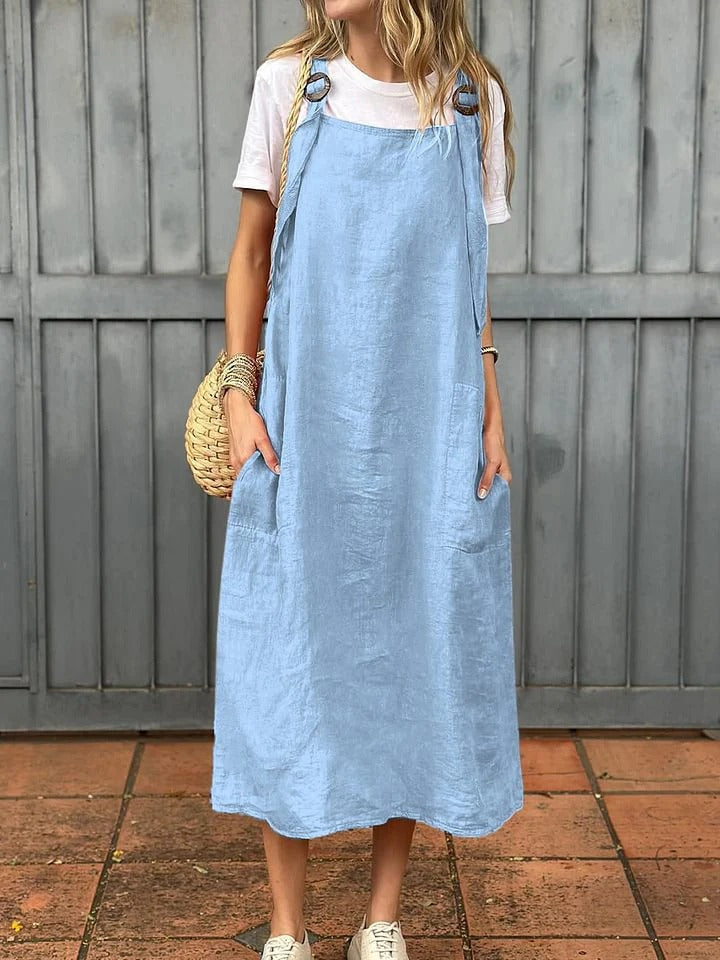 Women's midi dress – Breathable linen – Straight cut – Adjustable straps – Front pockets