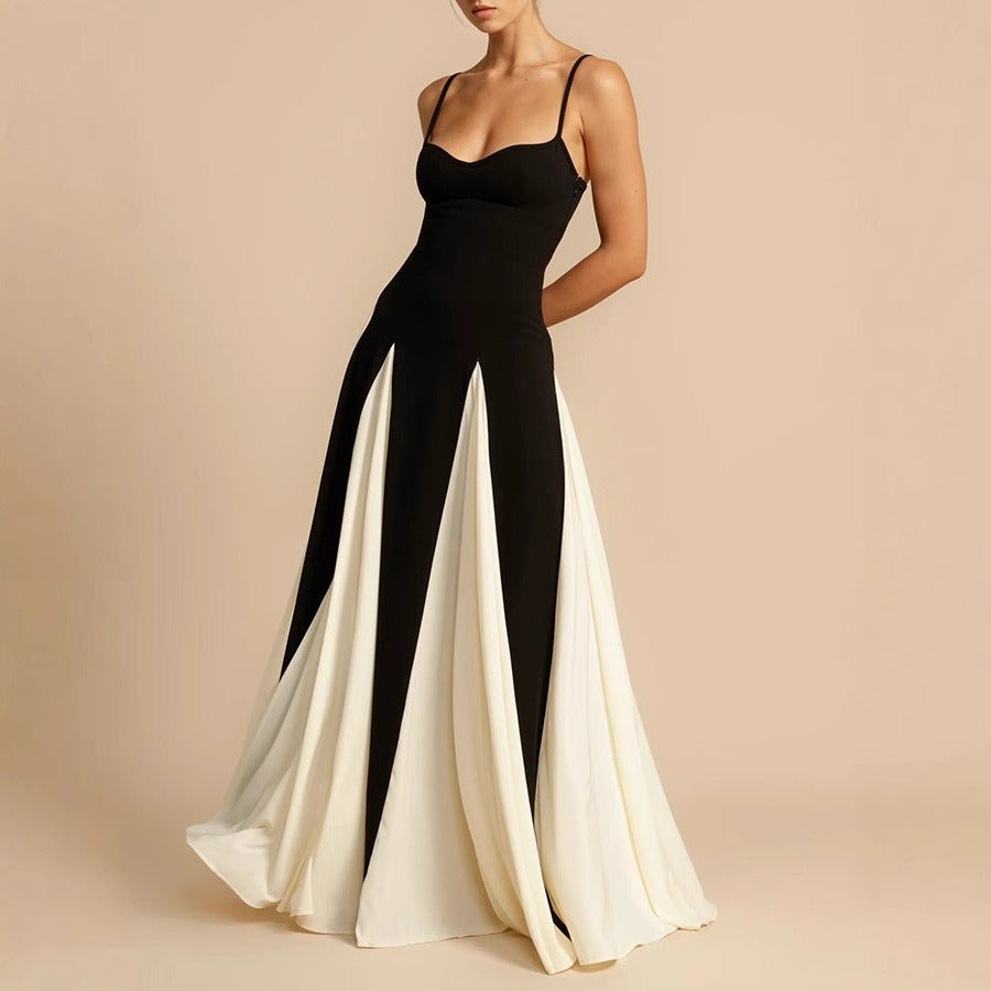 Robe swing femme – Bretelles fines – Longue fluide – Pan coupé contrasté