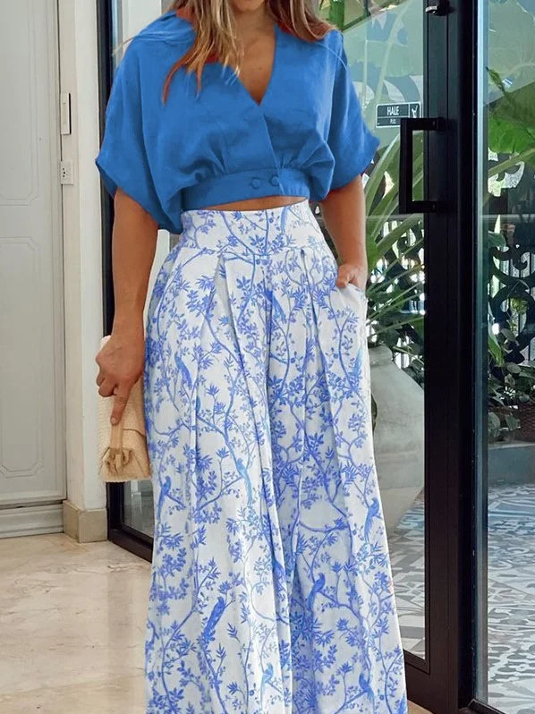 Women’s Two-Piece Set – Batwing Top & High-Waist Wide-Leg Pants