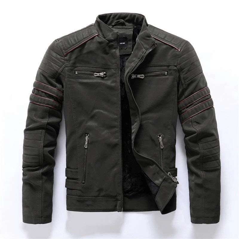 Blouson biker homme – Coupe slim – Épaules matelassées – Col montant zippé