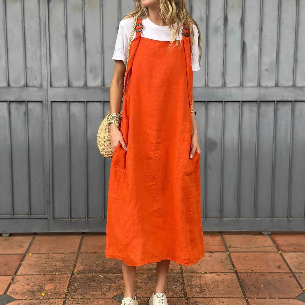 Women's midi dress – Breathable linen – Straight cut – Adjustable straps – Front pockets