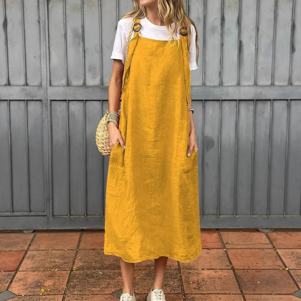 Women's midi dress – Breathable linen – Straight cut – Adjustable straps – Front pockets