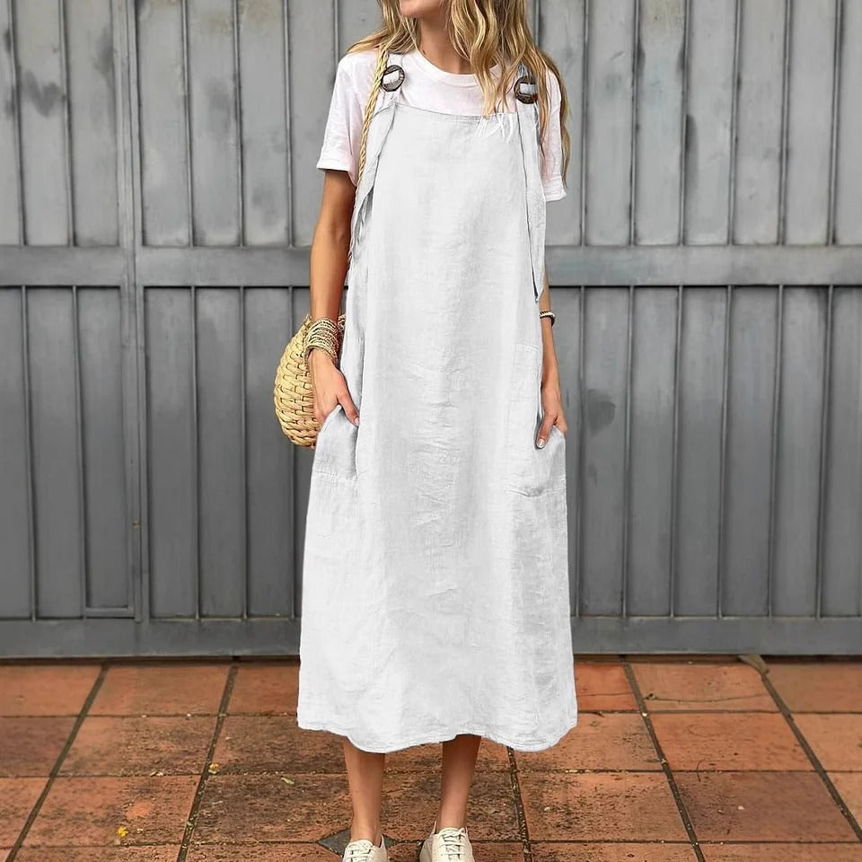 Women's midi dress – Breathable linen – Straight cut – Adjustable straps – Front pockets
