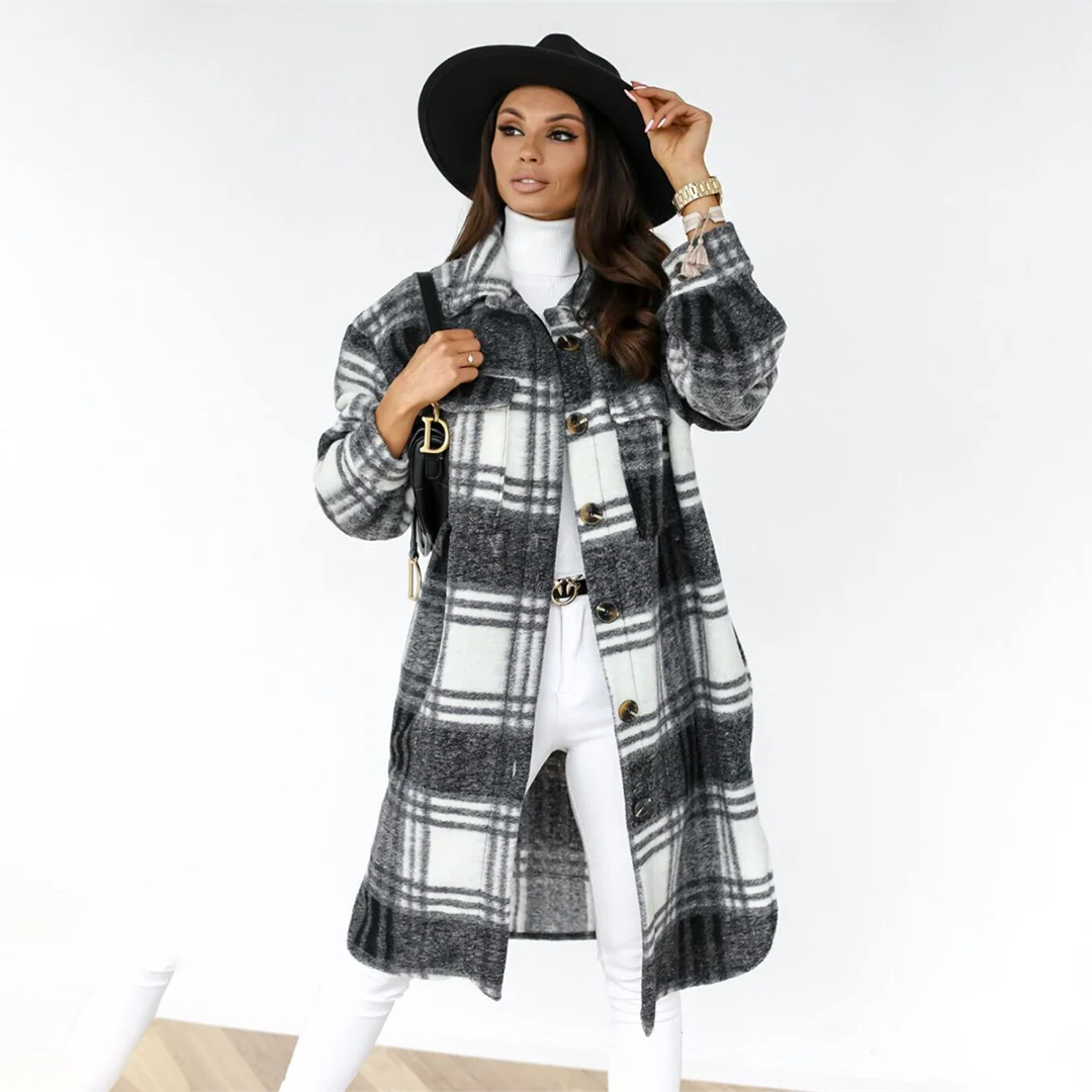 Women's Long Coat - Wool Blend - Relaxed Fit - Pointed Collar - Checked Pattern
