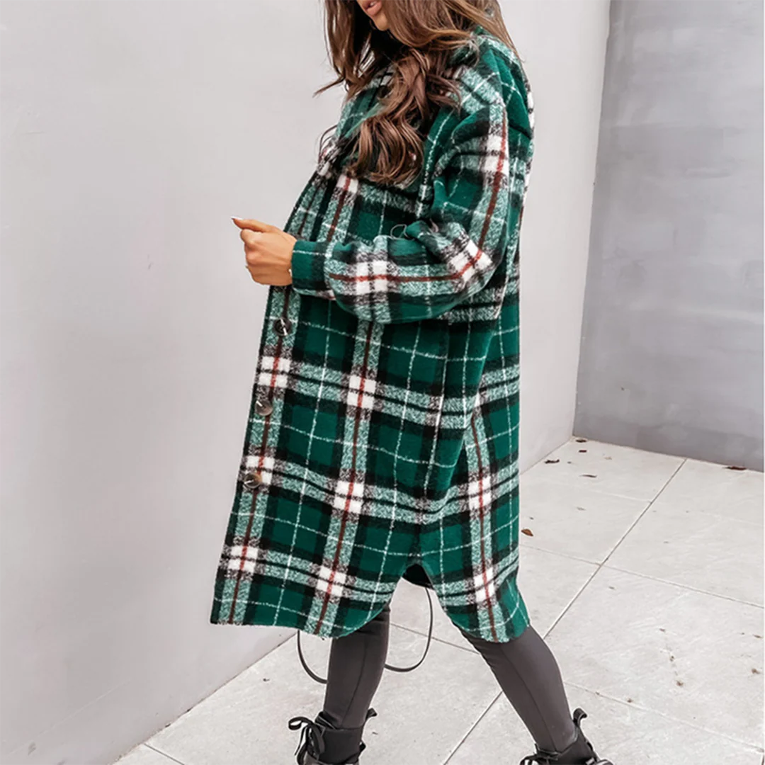 Women's Long Coat - Wool Blend - Relaxed Fit - Pointed Collar - Checked Pattern