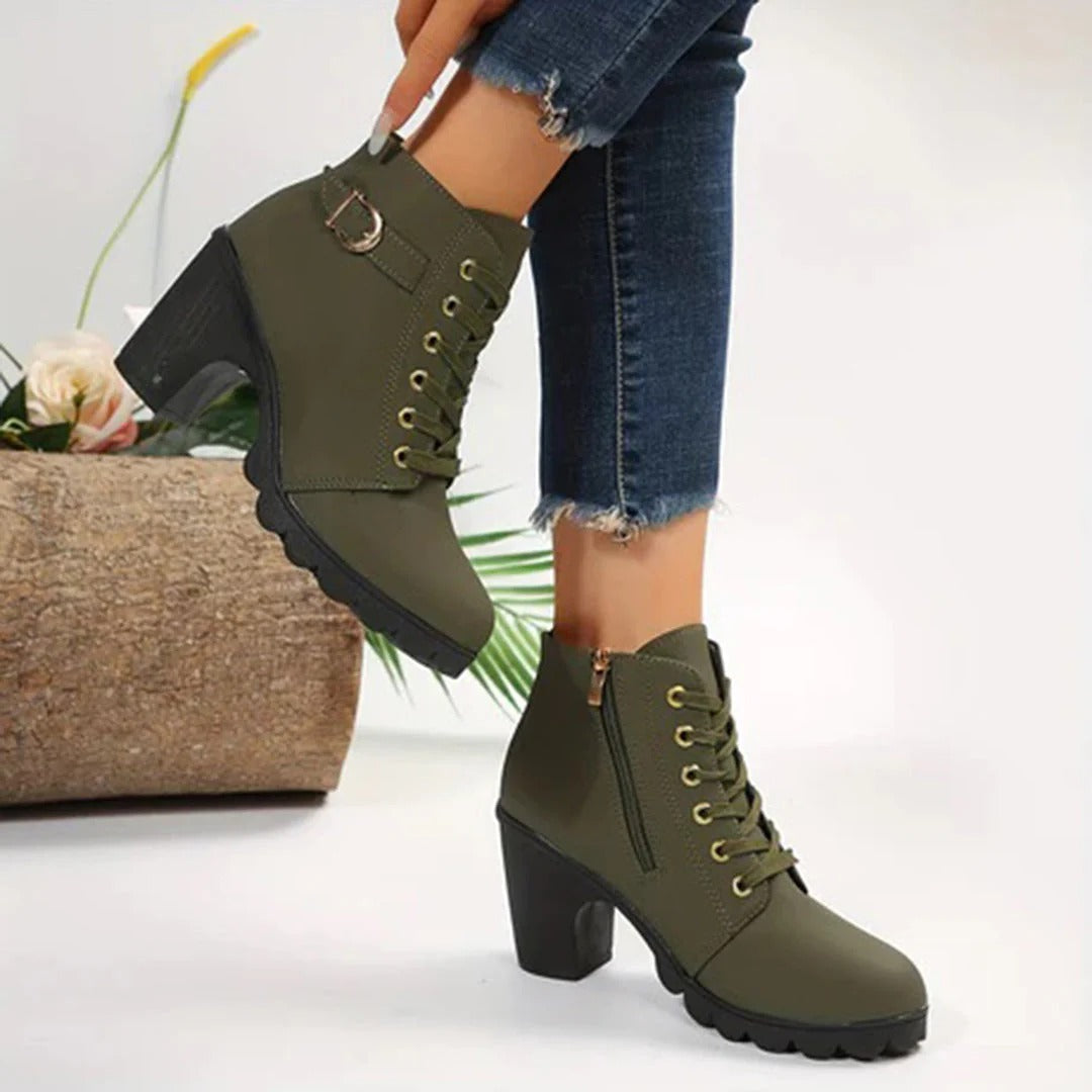 Bottines femme – Semelle épaisse – Talon bloc – Lacets avec zip et boucle