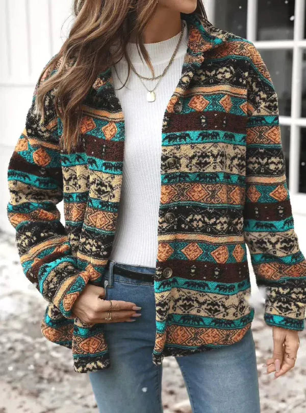 Veste polaire femme – Coupe décontractée – Fermeture zippée – Motifs tribaux – Col montant