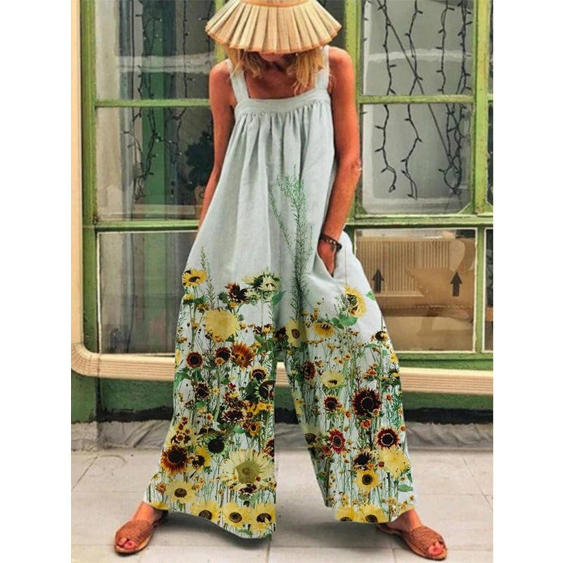 Women's jumpsuit – Loose fit – Floral print – Adjustable straps – Lightweight fabric