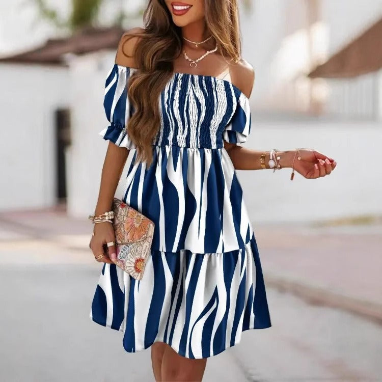 Women's midi dress – Off-the-shoulder neckline – Flared cut – Printed hem