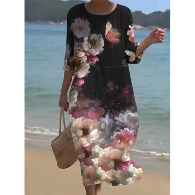 Robe midi femme – Coton – Coupe décontractée – Manches mi-longues – Imprimé floral