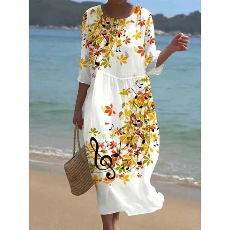 Robe midi femme – Coton – Coupe décontractée – Manches mi-longues – Imprimé floral
