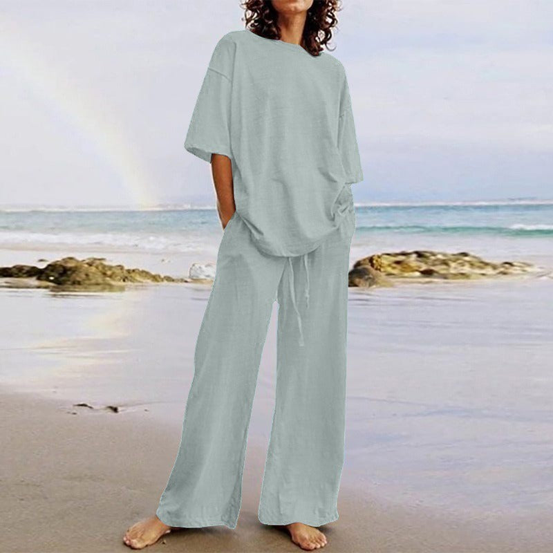 Ensemble Deux Pièces Femme – Haut Ample Col Rond – Pantalon Large avec Poches