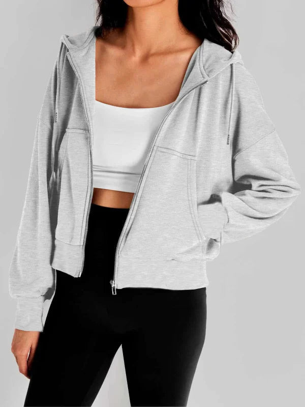 Sweat à capuche zippé femme – Coupe décontractée – Longueur courte – Tissu respirant