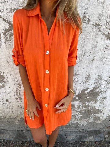 Women's Shirt Dress – Relaxed Fit – Front Buttoning – Breathable Fabric – Rolled Sleeves