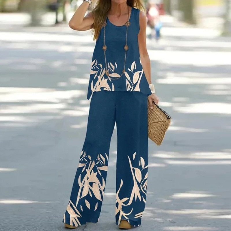 Ensemble Femme – Haut Sans Manches Floral – Pantalon Large – Coupe Décontractée