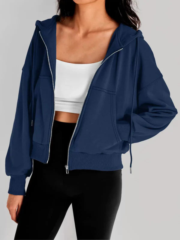 Sweat à capuche zippé femme – Coupe décontractée – Longueur courte – Tissu respirant