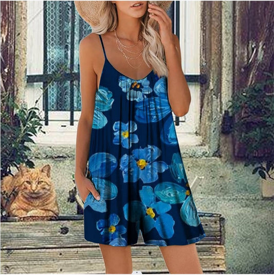 Women's Jumpsuit – Loose Fit – Thin Straps – Round Neck – Floral Print – Pockets