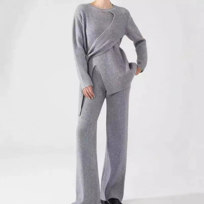 Women's Two-Piece Set – Ribbed Knit – Loose Fit – Asymmetric Sweater & Wide-Leg Pants