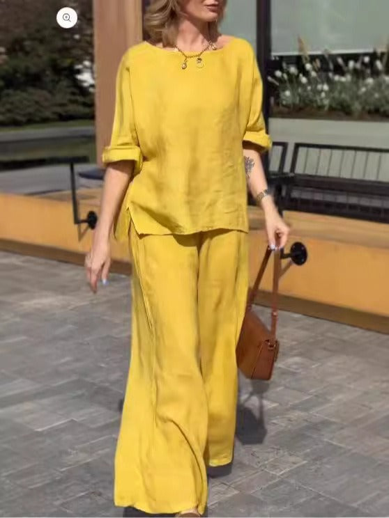 Ensemble Deux Pièces Femme – Linnen Coton – Coupe Ample – Top Manches Courtes – Pantalon Large