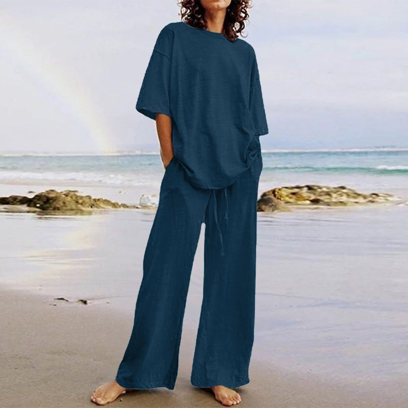 Ensemble Deux Pièces Femme – Haut Ample Col Rond – Pantalon Large avec Poches