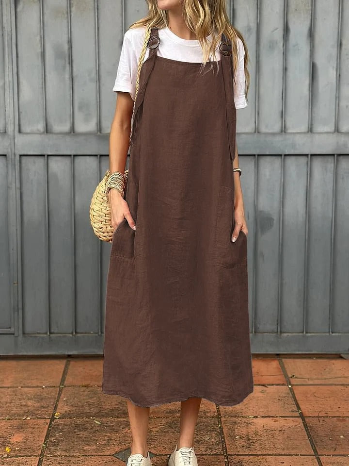 Women's midi dress – Breathable linen – Straight cut – Adjustable straps – Front pockets