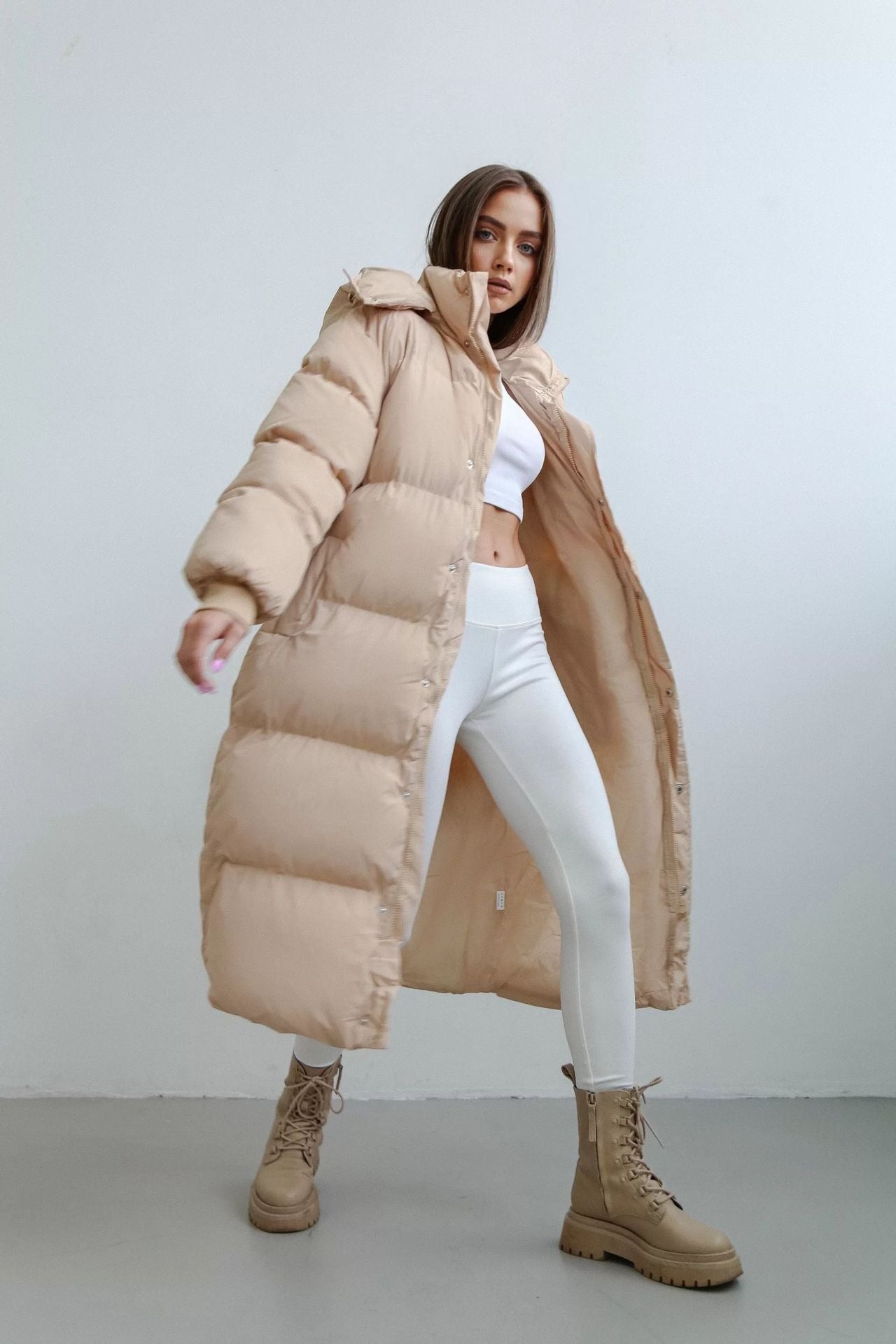 Women's Long Quilted Coat - Synthetic Fabric - Oversize Cut - Stand-Up Collar With Hood