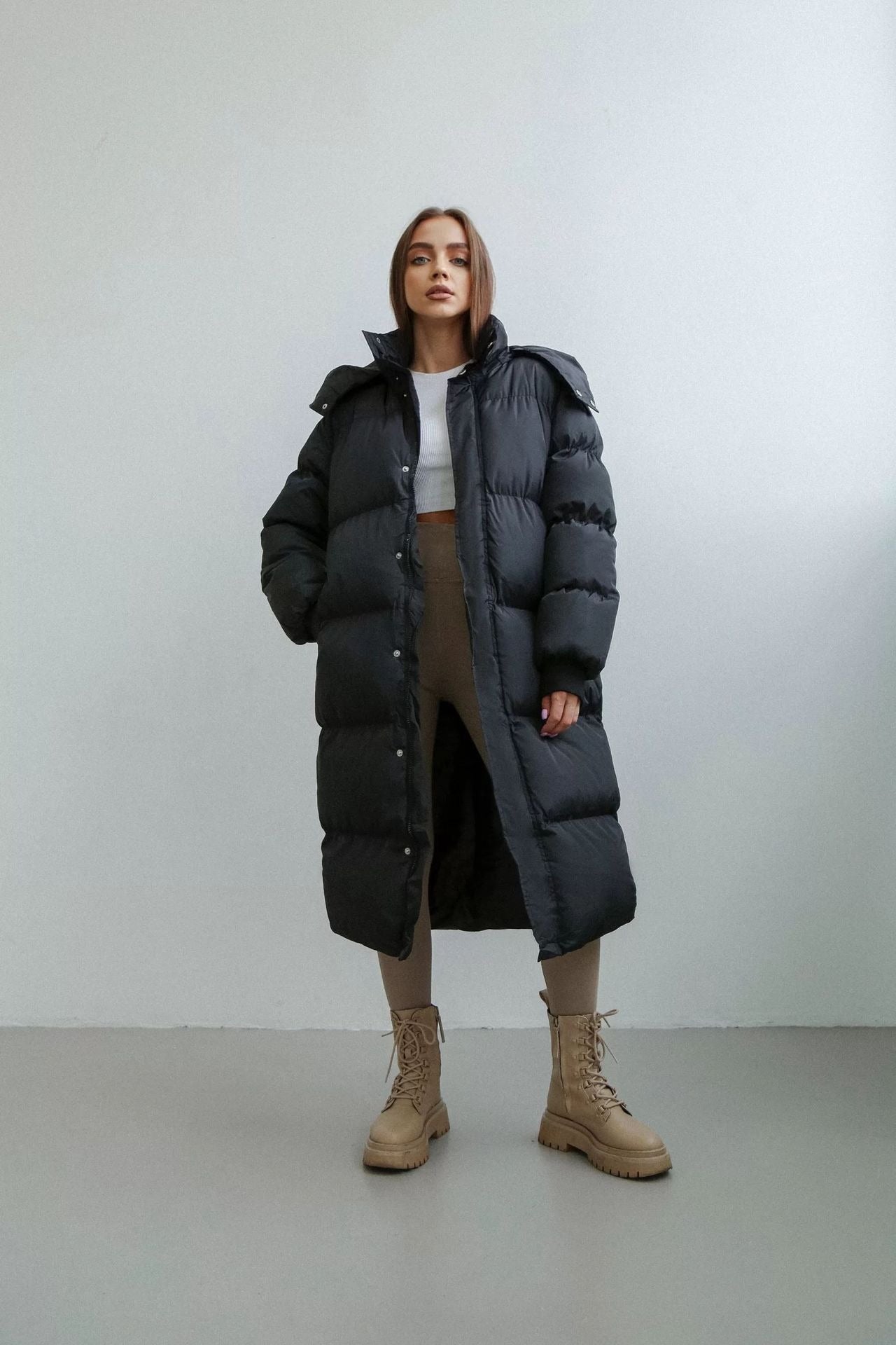 Women's Long Quilted Coat - Synthetic Fabric - Oversize Cut - Stand-Up Collar With Hood