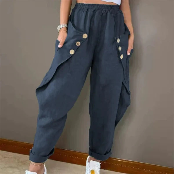 Pantalon long femme – Coupe décontractée – Taille élastique – Lin – Ourlet retroussé