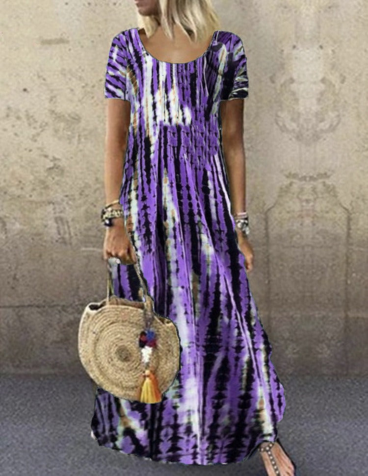 Women's long dress – Loose fit – Tie-dye print – Short sleeves