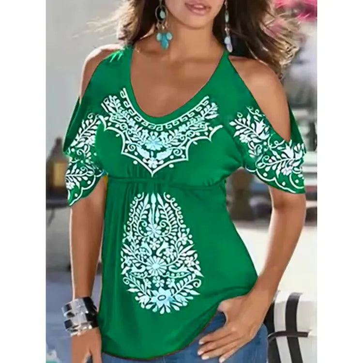 Top Exposed Shoulders Woman – Lightweight Cotton – V-Neck – Loose Fit – Bohemian Embroidery
