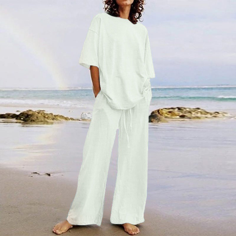 Ensemble Deux Pièces Femme – Haut Ample Col Rond – Pantalon Large avec Poches