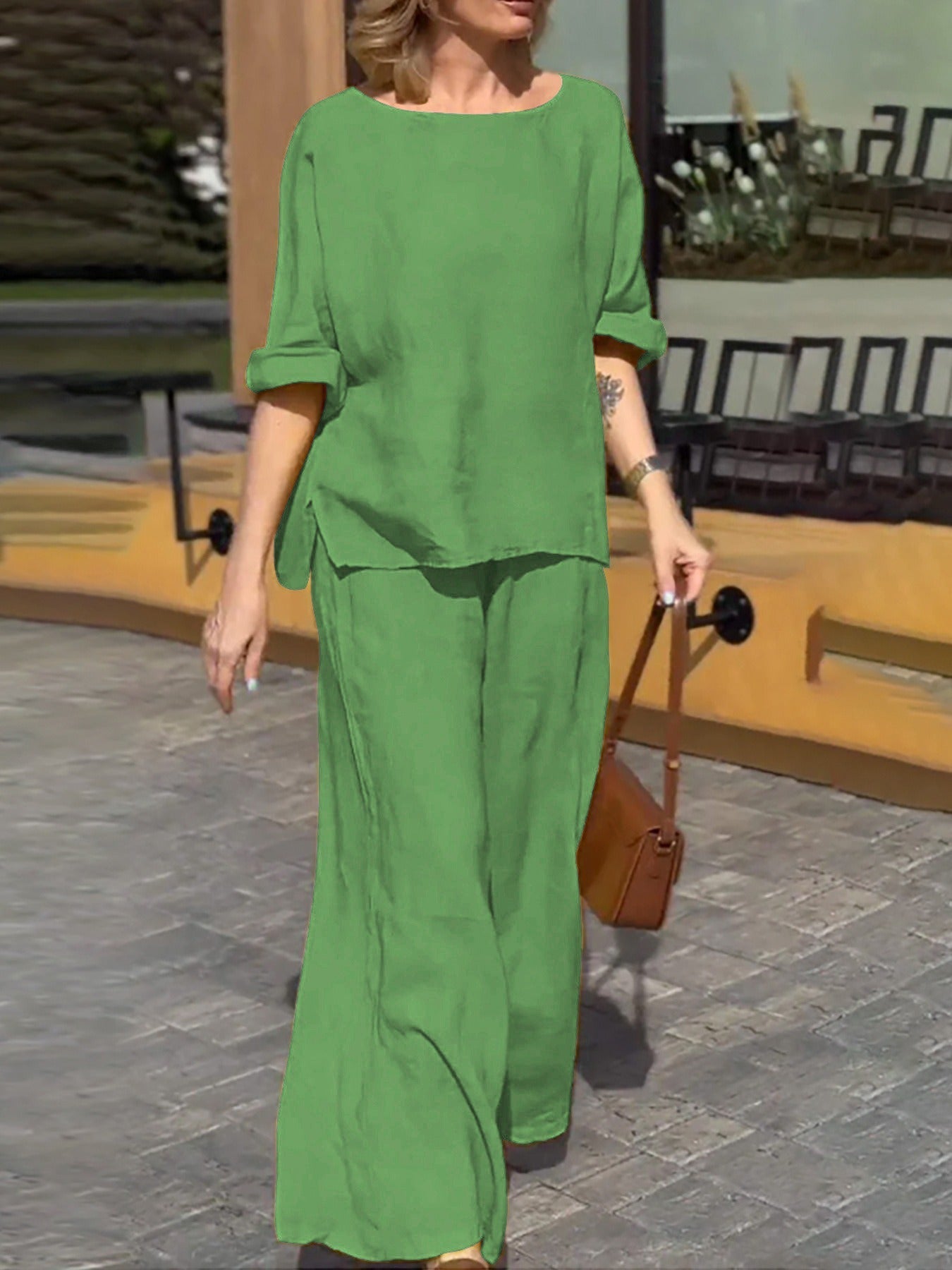 Ensemble Deux Pièces Femme – Linnen Coton – Coupe Ample – Top Manches Courtes – Pantalon Large