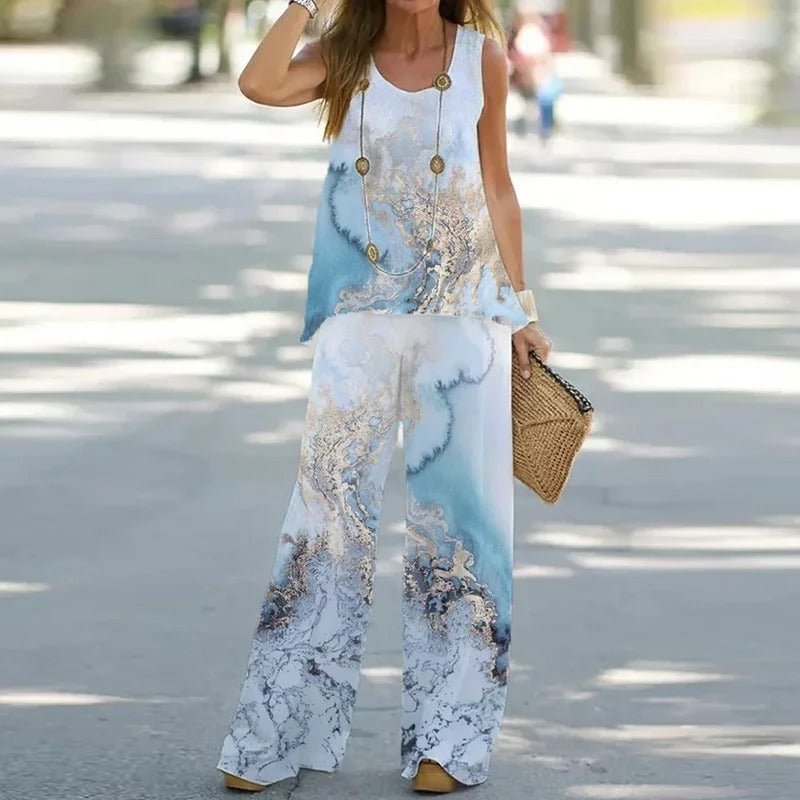 Ensemble Femme – Haut Sans Manches Floral – Pantalon Large – Coupe Décontractée
