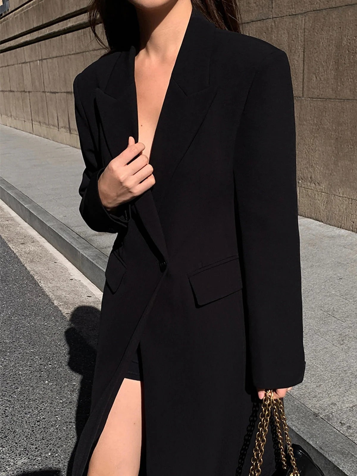 Women's Coat - Woven Fabric - Structured Shoulders - Maxi Length - Asymmetric Closure