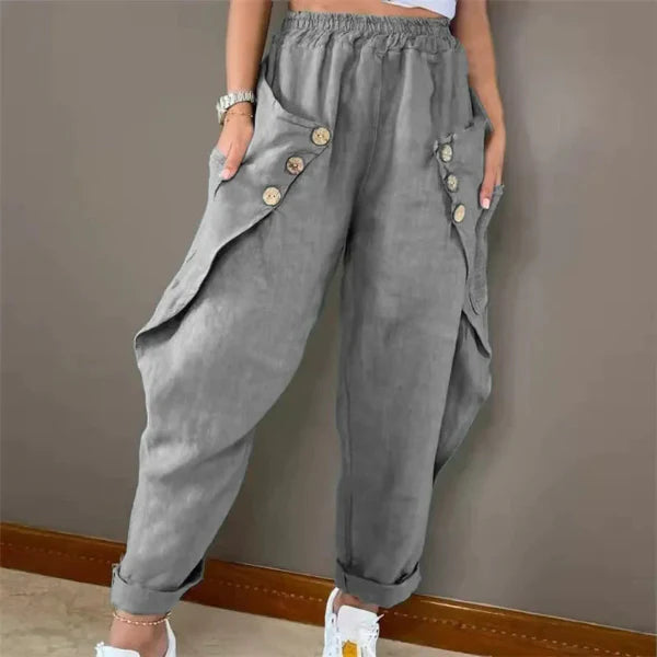 Pantalon long femme – Coupe décontractée – Taille élastique – Lin – Ourlet retroussé