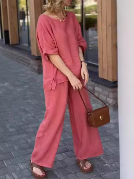 Ensemble Deux Pièces Femme – Linnen Coton – Coupe Ample – Top Manches Courtes – Pantalon Large