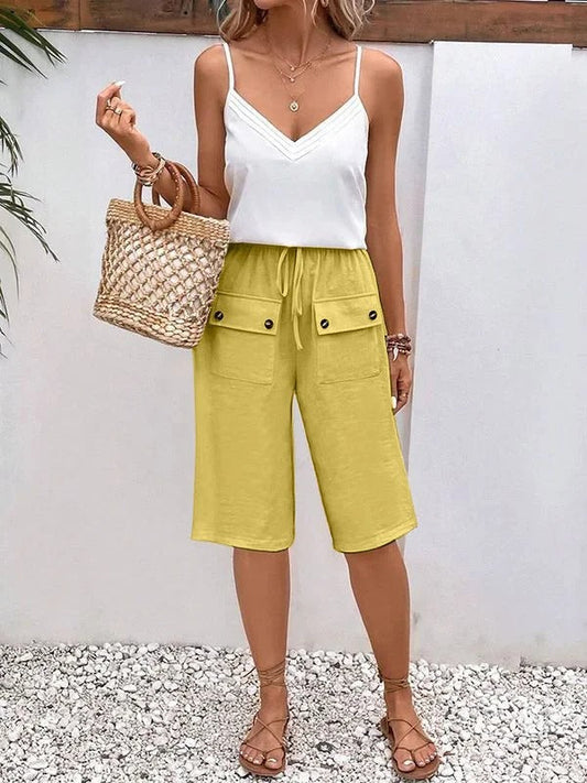 Women's mid-length pants – Relaxed fit – Elastic waistband – Breathable fabric – Buttoned pockets
