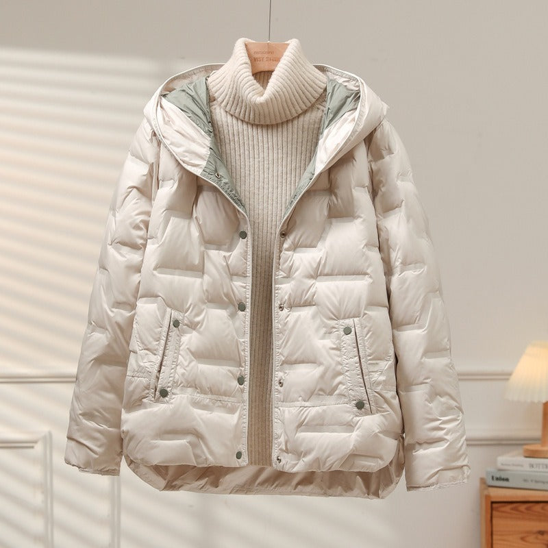 Women's Down Jacket - Woven Fabric - Relaxed Fit - Attached Hood