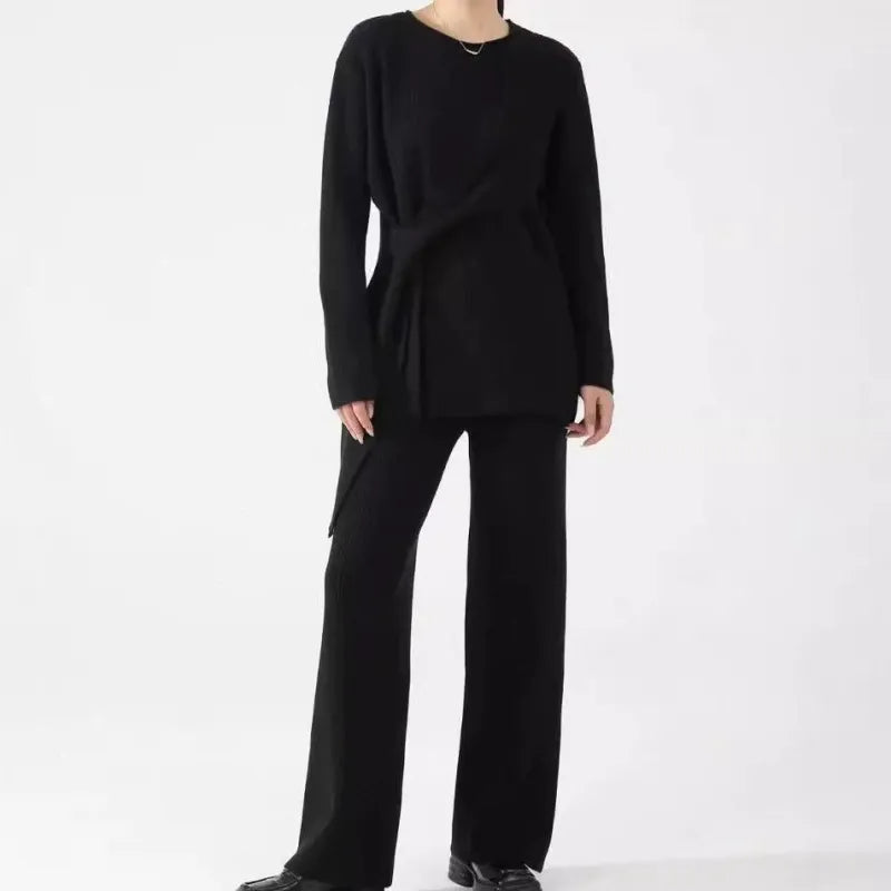 Women's Two-Piece Set – Ribbed Knit – Loose Fit – Asymmetric Sweater & Wide-Leg Pants