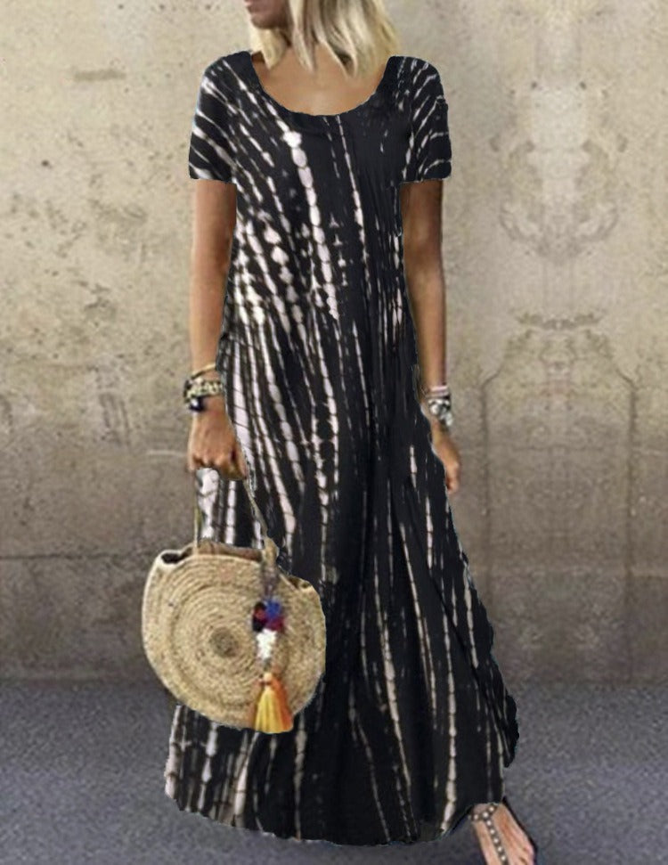 Women's long dress – Loose fit – Tie-dye print – Short sleeves