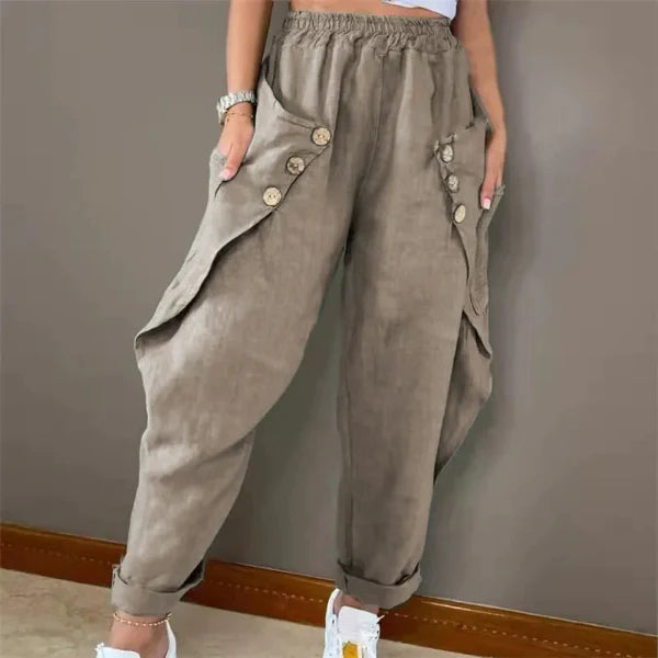 Pantalon long femme – Coupe décontractée – Taille élastique – Lin – Ourlet retroussé