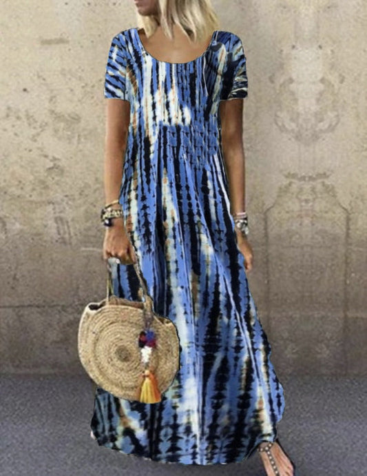 Women's long dress – Loose fit – Tie-dye print – Short sleeves