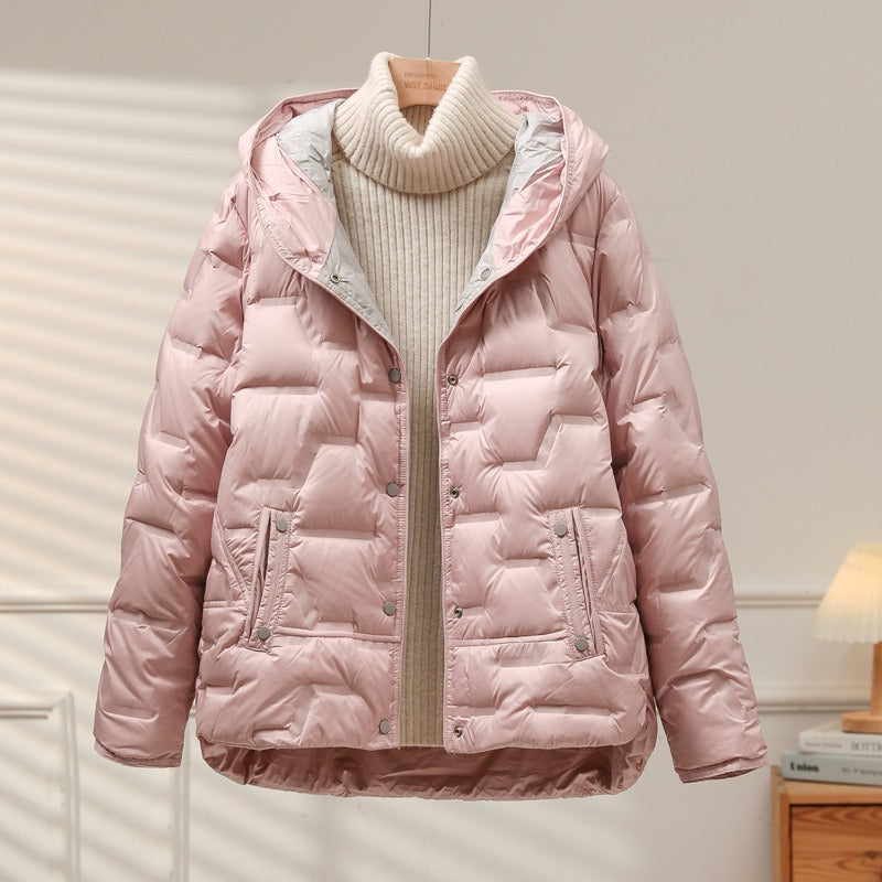 Women's Down Jacket - Woven Fabric - Relaxed Fit - Attached Hood