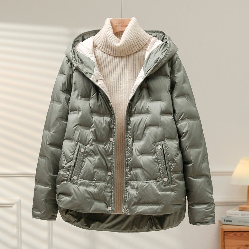 Women's Down Jacket - Woven Fabric - Relaxed Fit - Attached Hood