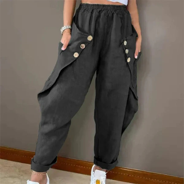 Pantalon long femme – Coupe décontractée – Taille élastique – Lin – Ourlet retroussé