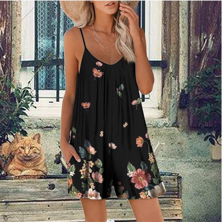 Women's Jumpsuit – Loose Fit – Thin Straps – Round Neck – Floral Print – Pockets