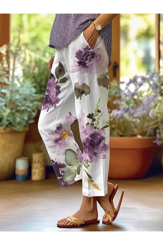 Women's casual pants – Loose fit – Breathable fabric – Full length – Floral print – Pockets